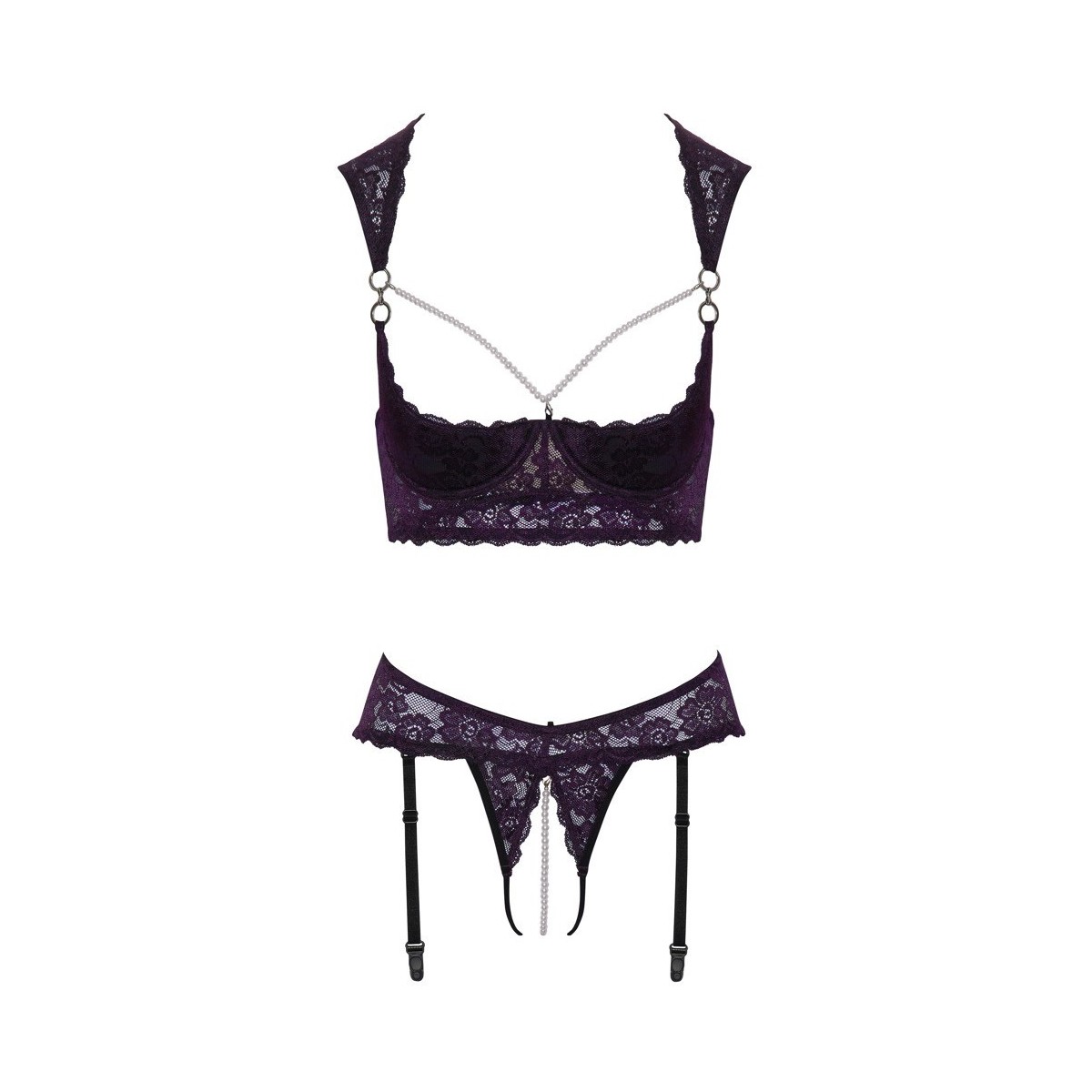 Completo intimo viola con reggicalze e perle